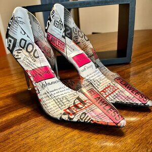NEW! Steve Madden Tolima Clear/Newspaper Print Stiletto 3.75 Lucite Heel Size 8